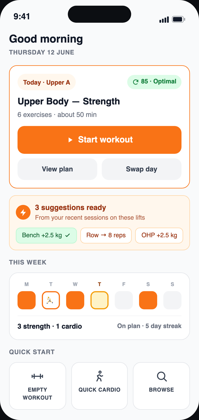 Forte home screen showing today's strength session, adaptive suggestions and the weekly training calendar