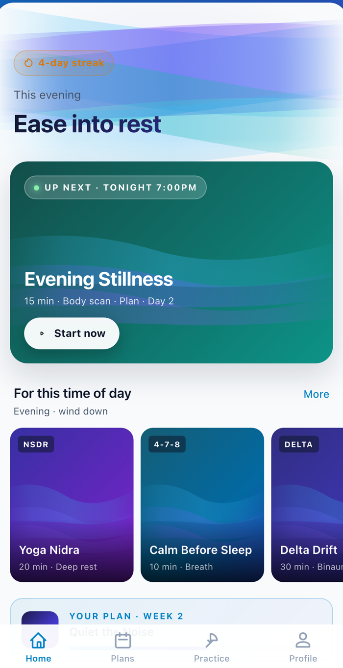 Ilma home screen showing this evening's wind-down session and recommended breathwork and meditation